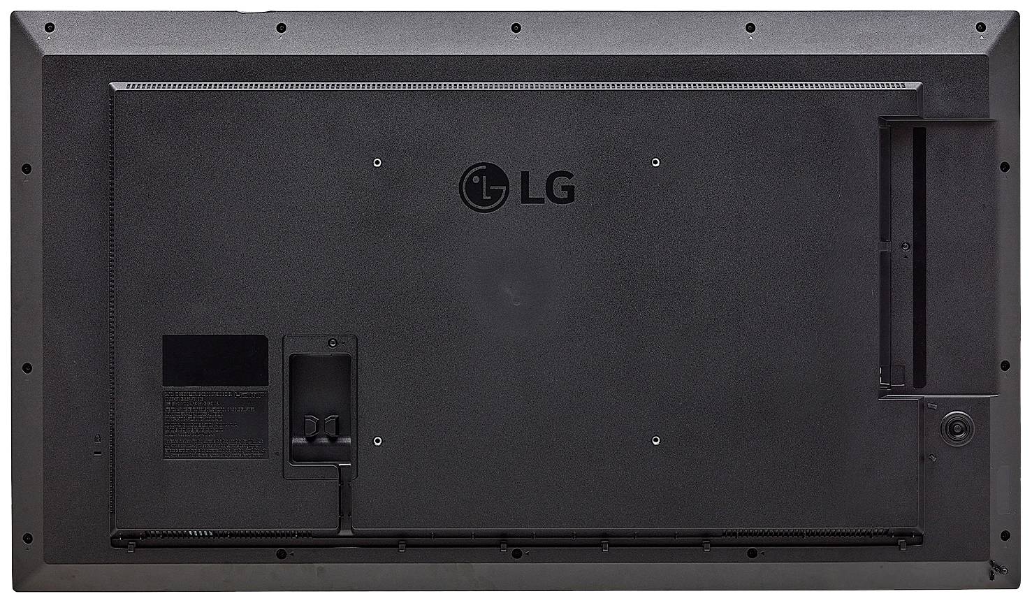 Rückansicht eines schwarzen LG Monitors mit Anschlüssen und Lüftungsschlitzen. Markenlogo zentral sichtbar.