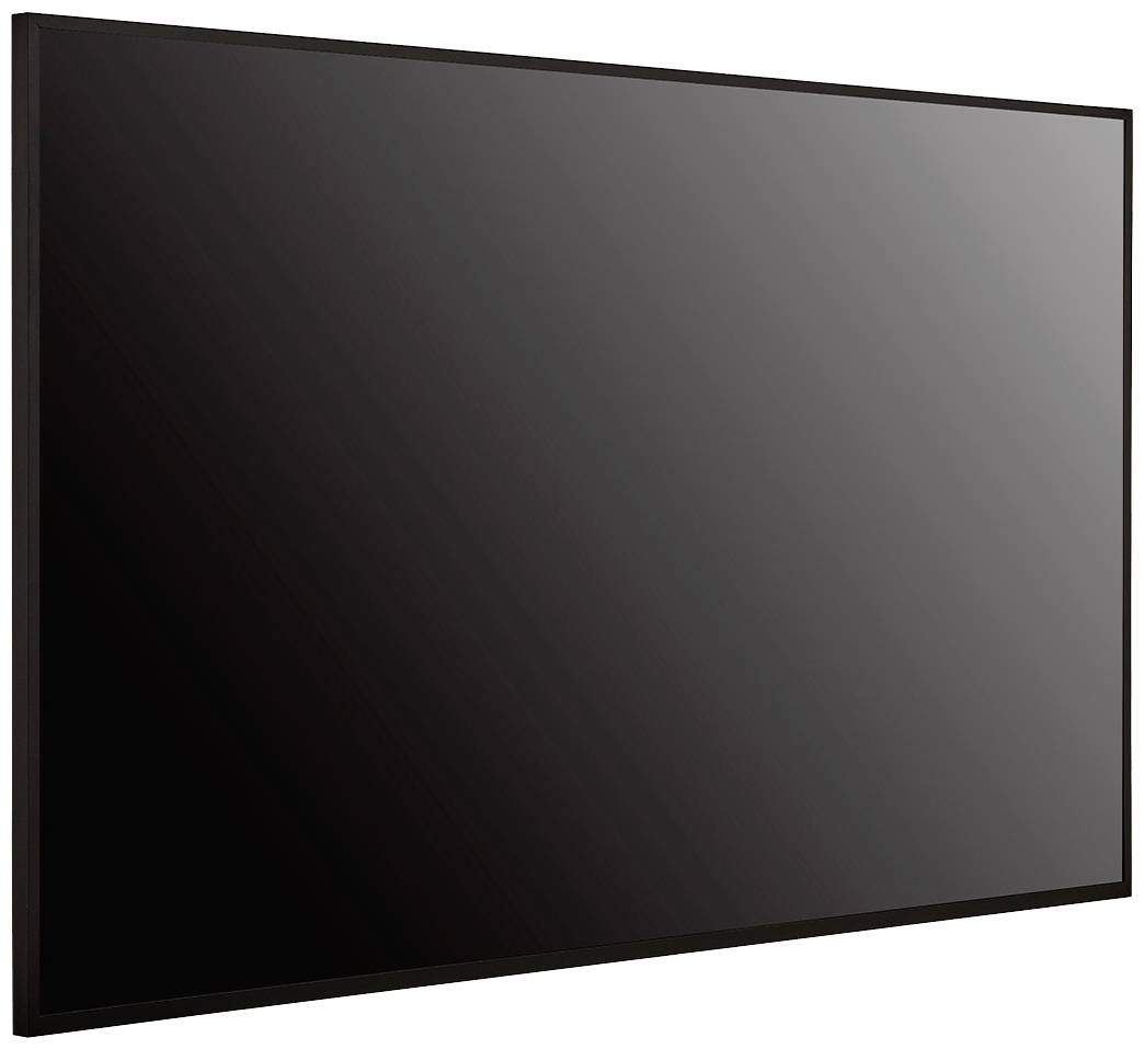 Schwarzer Flachbildschirm-Fernseher vor weißem Hintergrund, schräg von der Seite gezeigt.