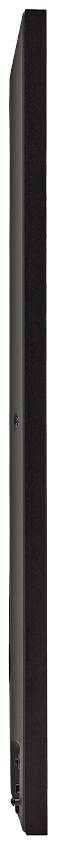 Seitenansicht eines schwarzen, schlanken Flachbildschirms mit minimalem Rahmen; zeigt die geringe Tiefe des Bildschirms.