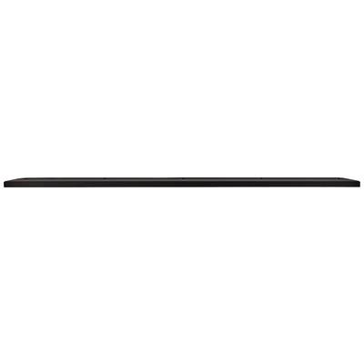 Eine schwarze, rechteckige Soundbar mit minimalistischem Design. Sie hat eine glatte Oberfläche und abgerundete Ecken.