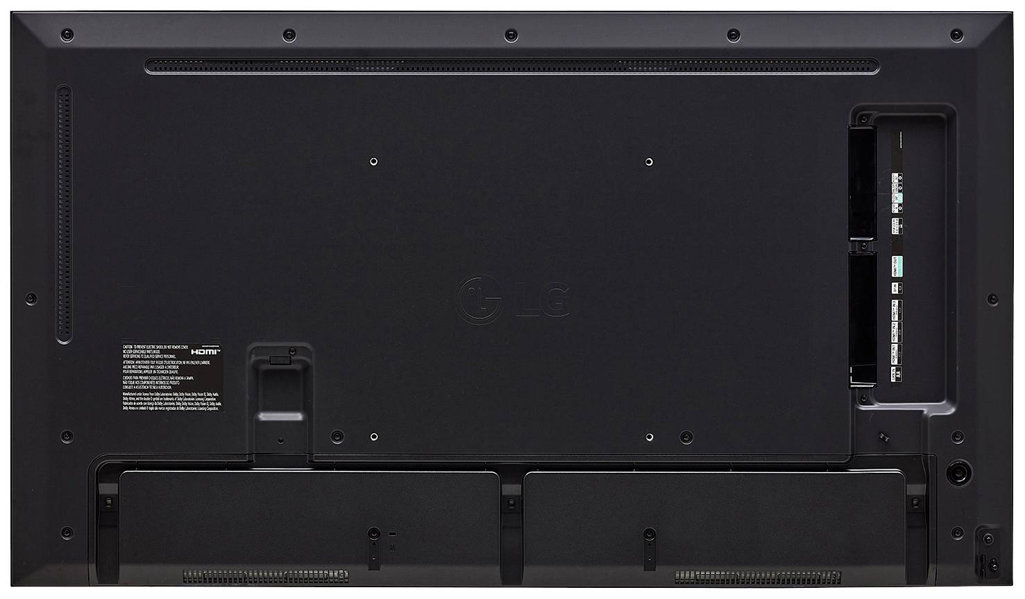 Flachbildfernseher von hinten, zeigt Anschlüsse und Befestigungspunkte. HDMI- und USB-Anschlüsse rechts erkennbar.