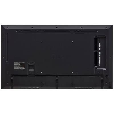 Flachbildfernseher von hinten, zeigt Anschlüsse und Befestigungspunkte. HDMI- und USB-Anschlüsse rechts erkennbar.