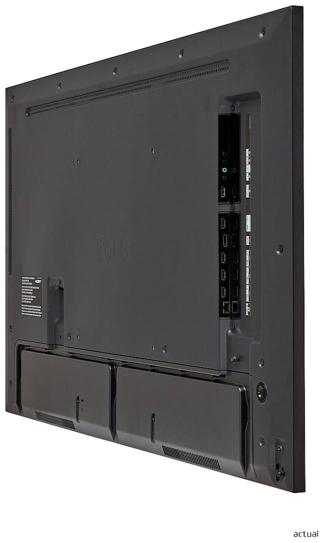 Rückansicht eines schwarzen Flachbildfernsehers mit mehreren HDMI- und USB-Anschlüssen auf der rechten Seite.