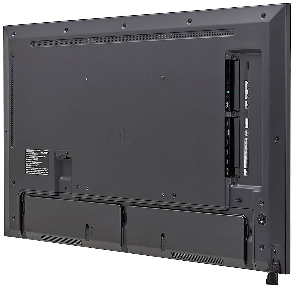 Rückseite eines Fernsehers mit Anschlüssen, einschließlich HDMI- und USB-Ports. Die Abdeckung ist teilweise geöffnet und zeigt die Anschlüsse.