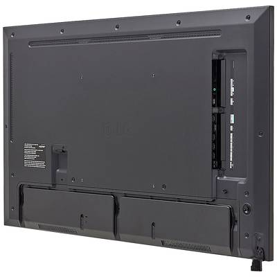 Rückseite eines Fernsehers mit Anschlüssen, einschließlich HDMI- und USB-Ports. Die Abdeckung ist teilweise geöffnet und zeigt die Anschlüsse.