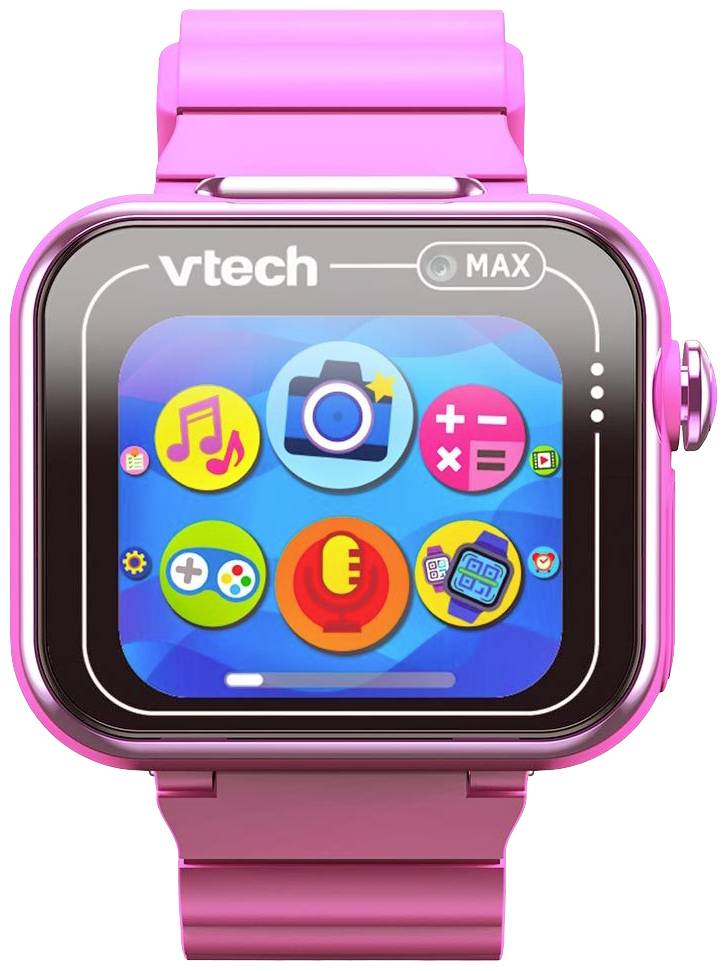 Rosa Kinder-Smartwatch mit Touchscreen, zeigt bunte Symbole für Musik, Kamera, Spiele und Mikrofon. Marke: VTech.