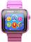 Rosa Kinder-Smartwatch mit Touchscreen, zeigt bunte Symbole für Musik, Kamera, Spiele und Mikrofon. Marke: VTech.