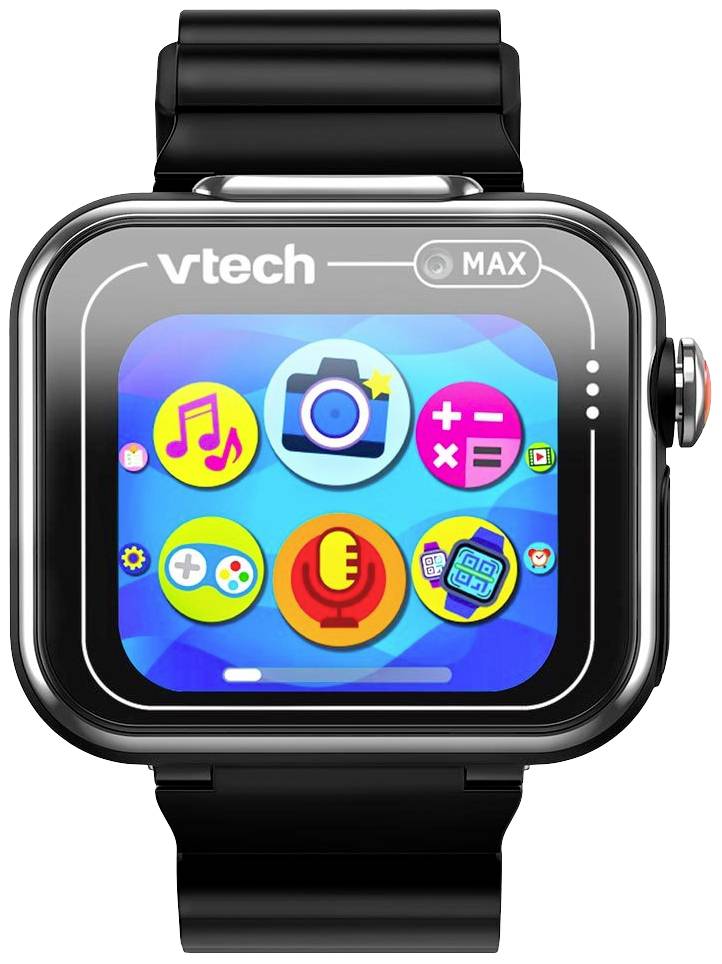 Eine Kinder-Smartwatch mit buntem Display zeigt Symbole für Kamera, Musik, Spiele und mehr, geeignet für interaktives Lernen.