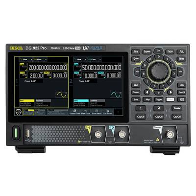 Funktionsgenerator mit digitalem Display zeigt zwei Signalkurven und Einstellungen. Bedienknöpfe und Anschlüsse sind an der Vorderseite.