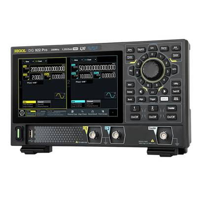 'Rigol DG 922 Pro' Signalgenerator mit Dual-Display zeigt Frequenz-, Phase- und Amplitudenparameter. Knöpfe für Funktionen.
