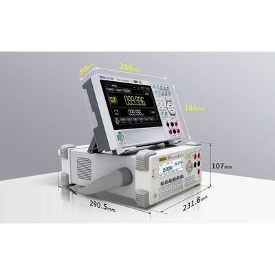 Ein elektronisches Messgerät mit Display und Tasten, montiert auf einem Gehäuse. Maße: 266 mm Breite, 165 mm Höhe, 107 mm Tiefe.