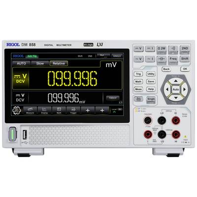 Multimeter-Anzeige mit gemessener DC-Spannung '099.996 mV'. Verschiedene Tasten für Einstellungen und Messfunktionen sichtbar.