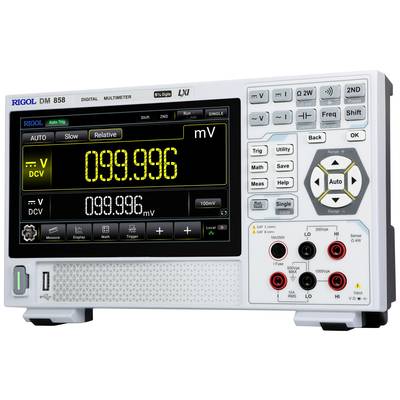 Digitales Multimeter zeigt 99,996 mV auf großem Display an. Tasten und Messanschlüsse rechts. Diverse Funktionen und Modi auswählbar.