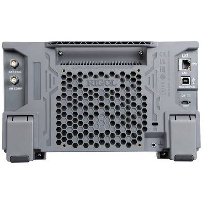 Rückansicht eines grauen elektronischen Messgeräts mit mehreren Anschlüssen, darunter LAN, USB und externe Triggerpunkte.