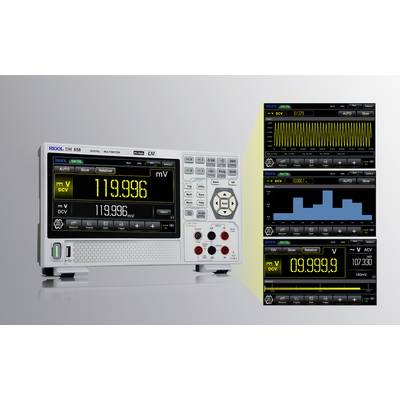 'Digitales Multimeter zeigt Spannung von 119,996 mV an. Grafiken rechts zeigen Spannungsverlauf, Histogramm und Frequenzanalyse.'