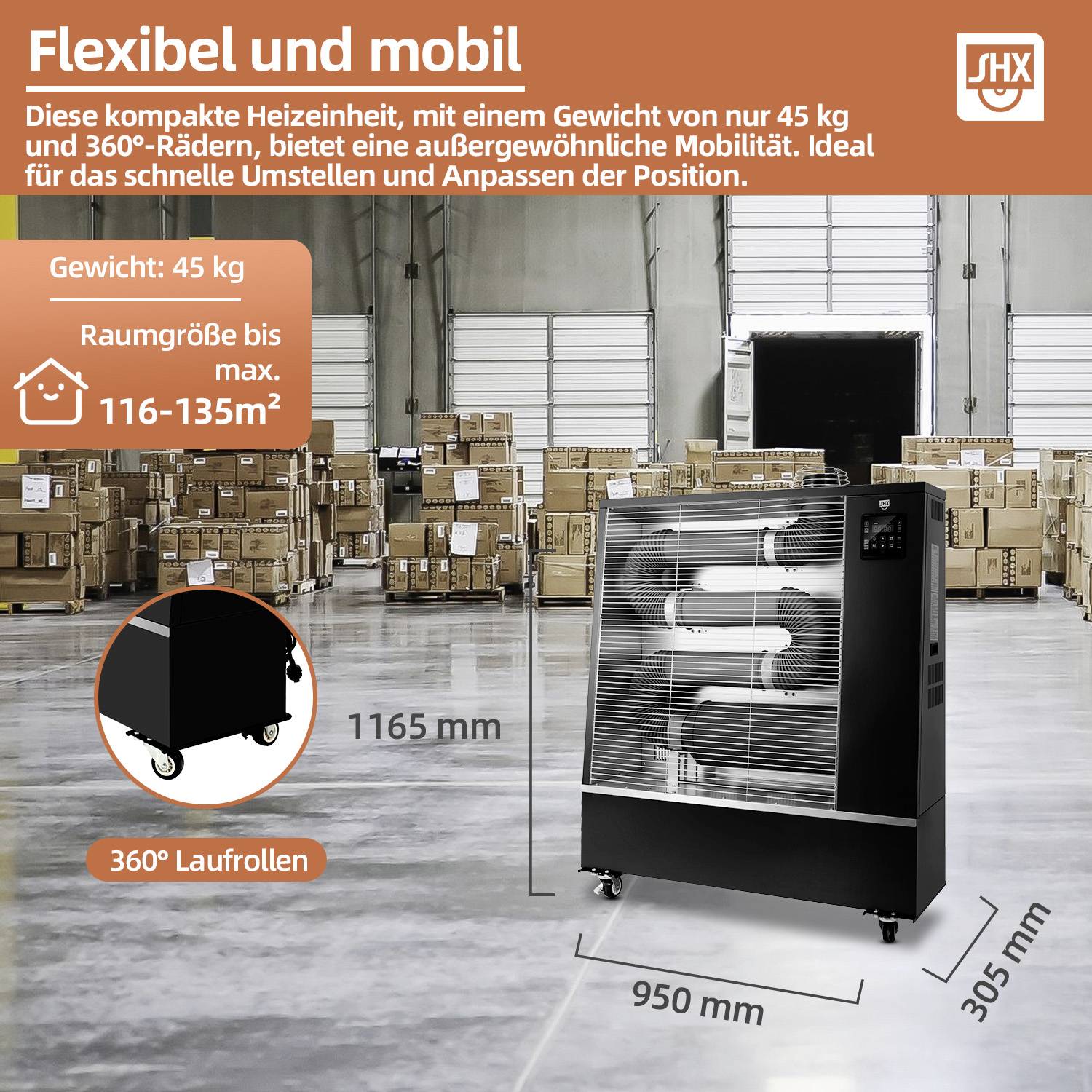 'Heizeinheit in Lager mit Kartons. Maße: 1165 mm hoch, 950 mm breit, 895 mm tief. 360°-Rollen für Mobilität. Gewicht etwa 45 kg.'