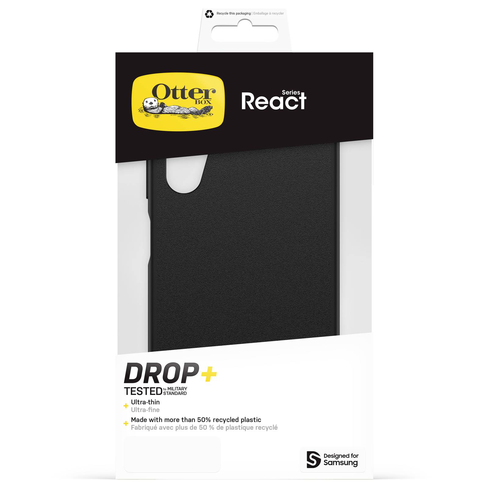 Eine schwarze Smartphone-Hülle von OtterBox, Serie React, die stoßgetestet ist und aus über 50 % recyceltem Kunststoff besteht. Entwickelt für Samsung.