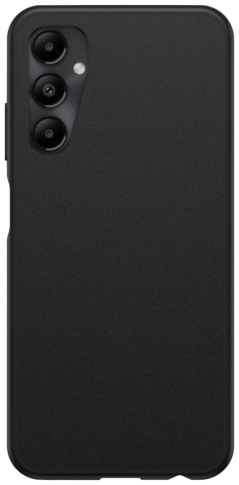Ein schwarzes Smartphone mit drei Kameralinsen und einem Blitzlicht auf der Rückseite, in einer schlichten Schutzhülle.