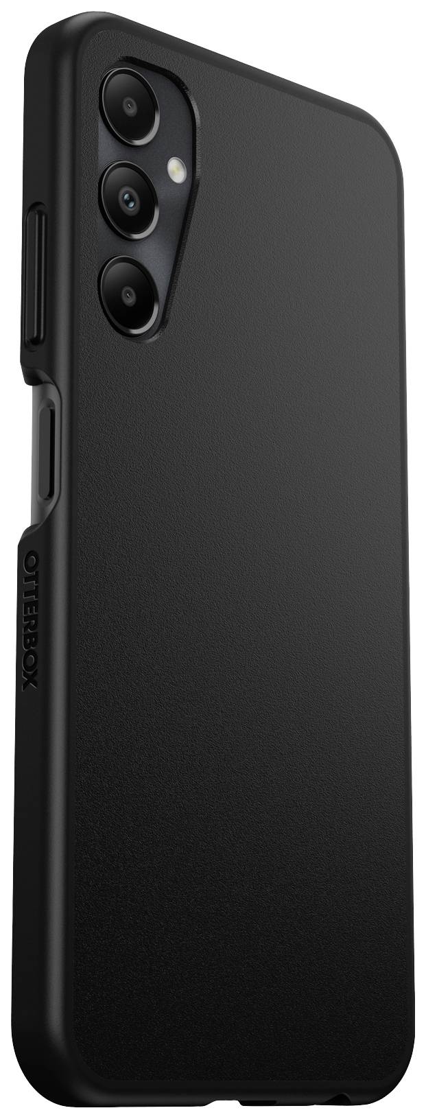 Schwarzes OtterBox-Smartphone-Case für dreifache Kamera, robuste Bauart, aufrecht stehend.