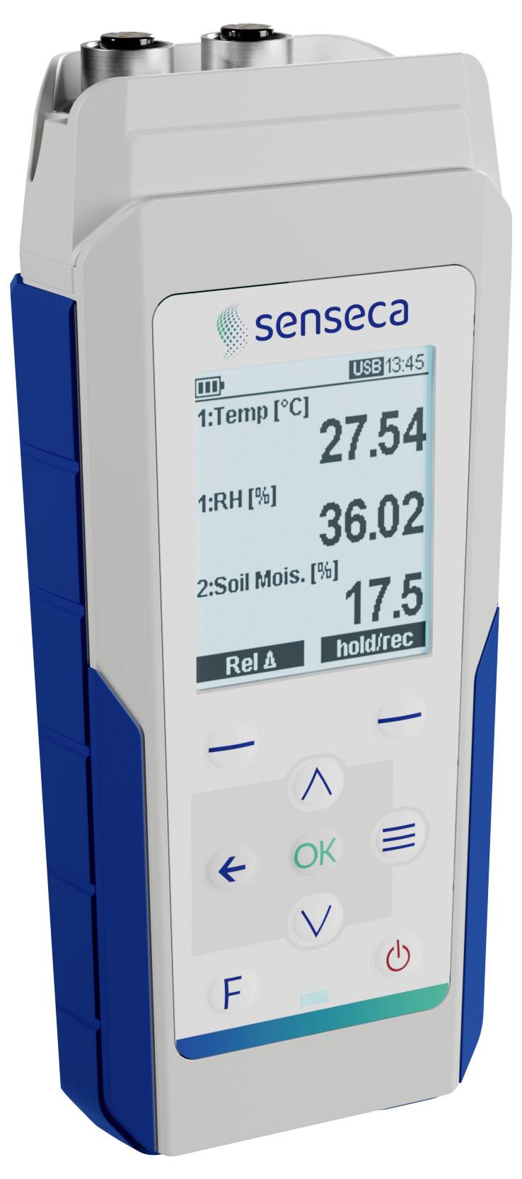 Ein tragbares digitales Gerät, das Umweltdaten anzeigt: 'Temp [°C] 27,54', 'RF [%] 36,02', 'Bodenfeucht. [%] 17,5', mit Steuerungstasten.