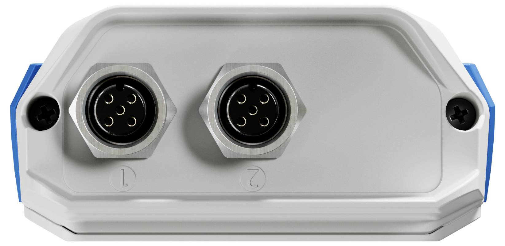 Eine Nahaufnahme eines Dual-Connector-Panels an einem Gerät mit zwei kreisförmigen Metallsteckverbindern mit mehreren Pins, die für Daten- oder Stromverbindungen verwendet werden.