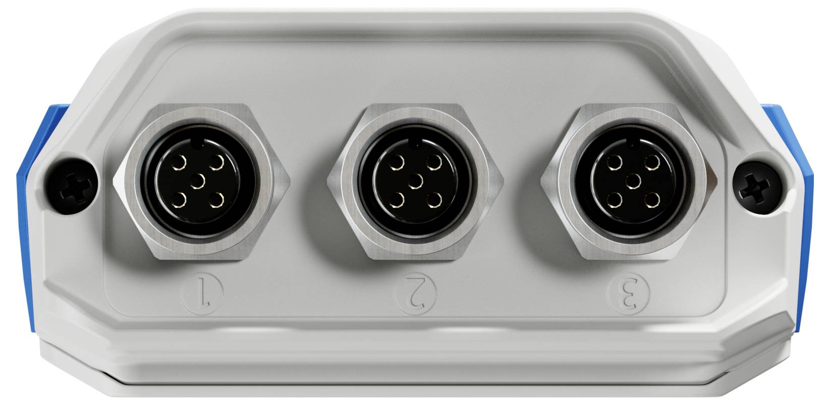 Ein weiß-blauer Apparat mit drei kreisförmigen Anschlüssen, die mit 1, 2 und 3 beschriftet sind und mehrere Stifte aufweisen, die wahrscheinlich für elektronische Verbindungen vorgesehen sind.