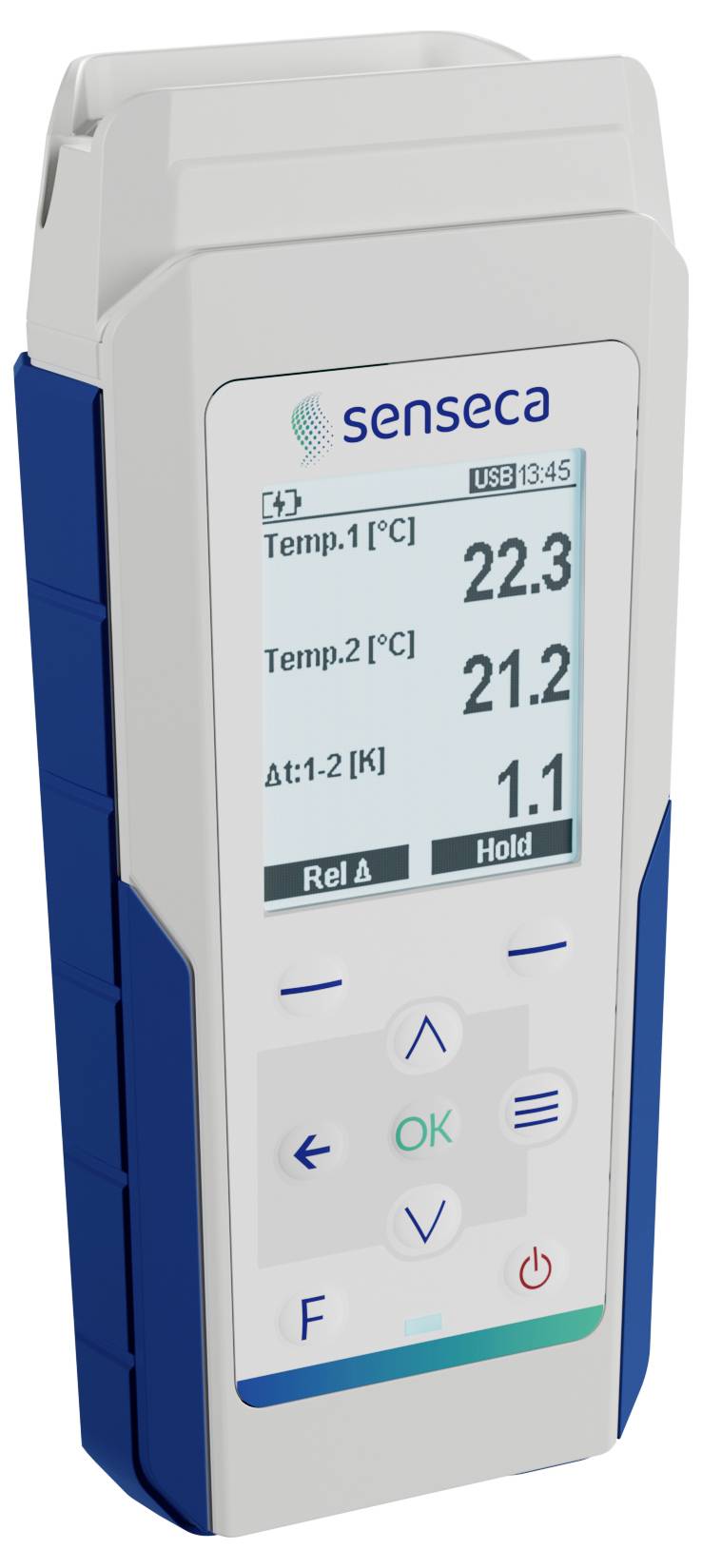 Tragbares digitales Thermometer mit Anzeige von 'Temp.1 [°C] 22,3', 'Temp.2 [°C] 21,2' und 'Δt:1-2 [K] 1,1'. Einstellungstasten unterhalb des Displays.