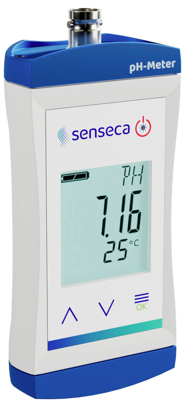 Ein digitales pH-Messgerät mit einem Display, das 'pH 7,16' und die Temperatur '25°C' anzeigt. Es verfügt über Bedienungstasten und die Markenbezeichnung 'senseca'.