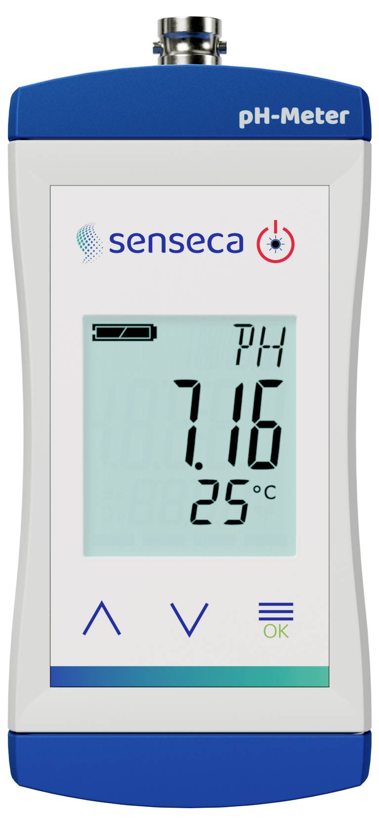 Ein tragbares pH-Messgerät, das einen pH-Wert von 7,16 und eine Temperatur von 25°C anzeigt, mit einem Logo und Tasten zur Einstellungsanpassung.