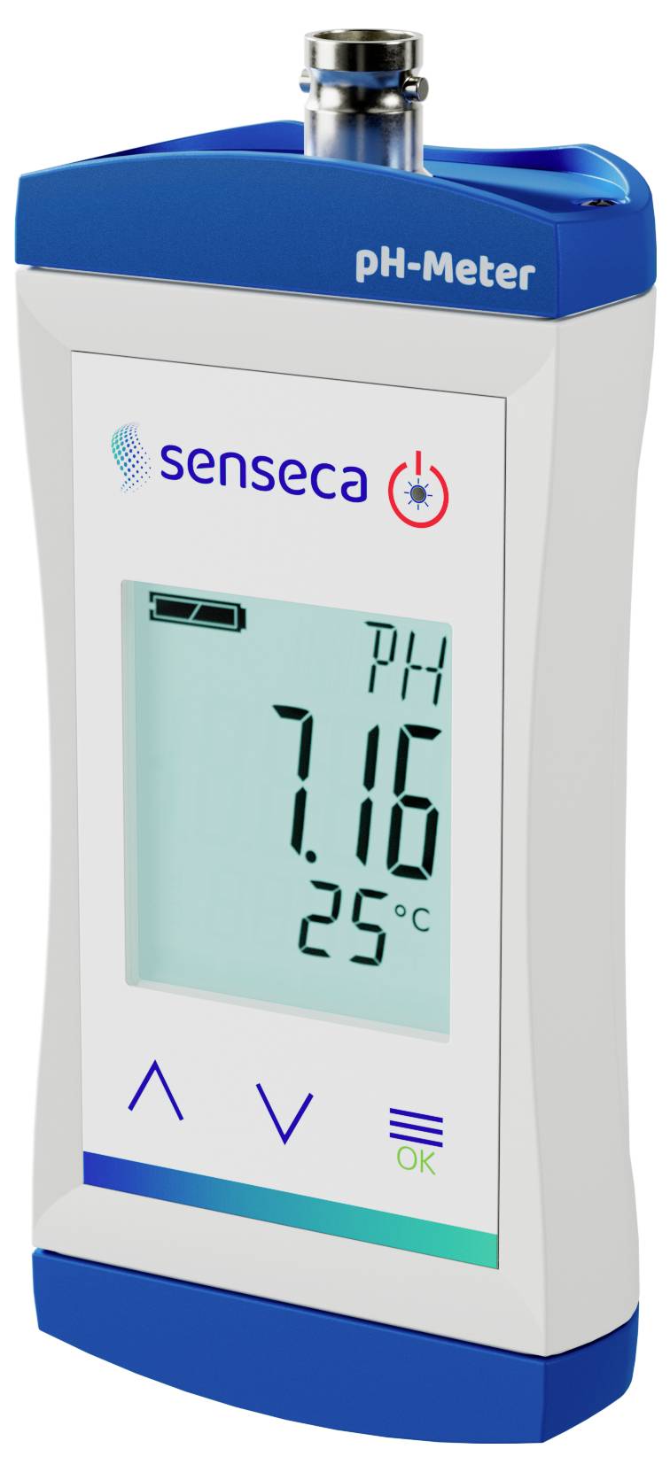 Ein digitales pH-Meter, das auf seinem Display 'pH 7,16' und '25°C' anzeigt, mit dem Markennamen 'senseca' oben auf dem Gerät.