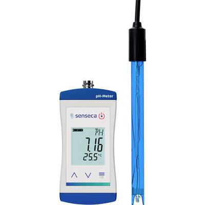 pH-Messgerät zeigt einen Messwert von 7,16 pH und 25,5 °C, mit angeschlossenem blauem Sondensensor.