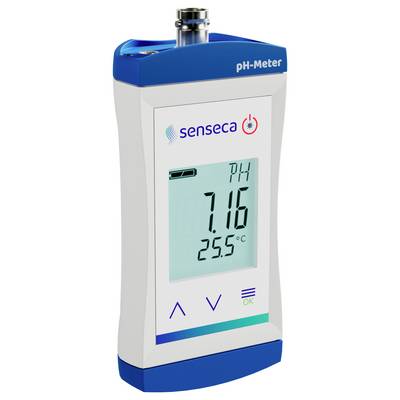 Tragbares pH-Messgerät zeigt einen pH-Wert von 7,16 und eine Temperatur von 25,5 °C. Gerät oben mit 'Senseca' beschriftet.