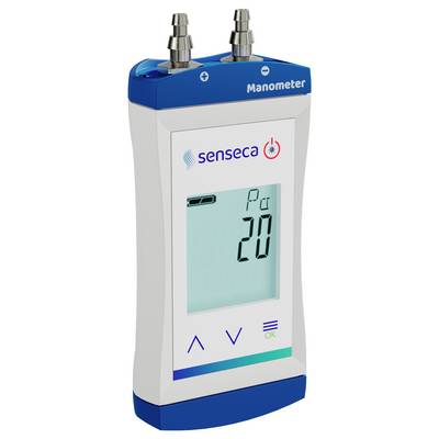 Ein tragbarer digitaler Druckmesser von Senseca, der einen Druckwert von 20 anzeigt mit '+', '-' und 'OK' Tasten unterhalb des Bildschirms.