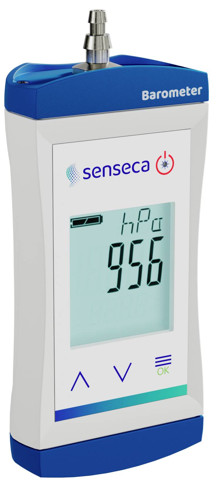 Ein digitales Barometer mit '956 hPa' auf dem Display, mit Navigationsknöpfen unterhalb des Displays und einem blauen Gehäuse mit der Beschriftung 'Barometer'.