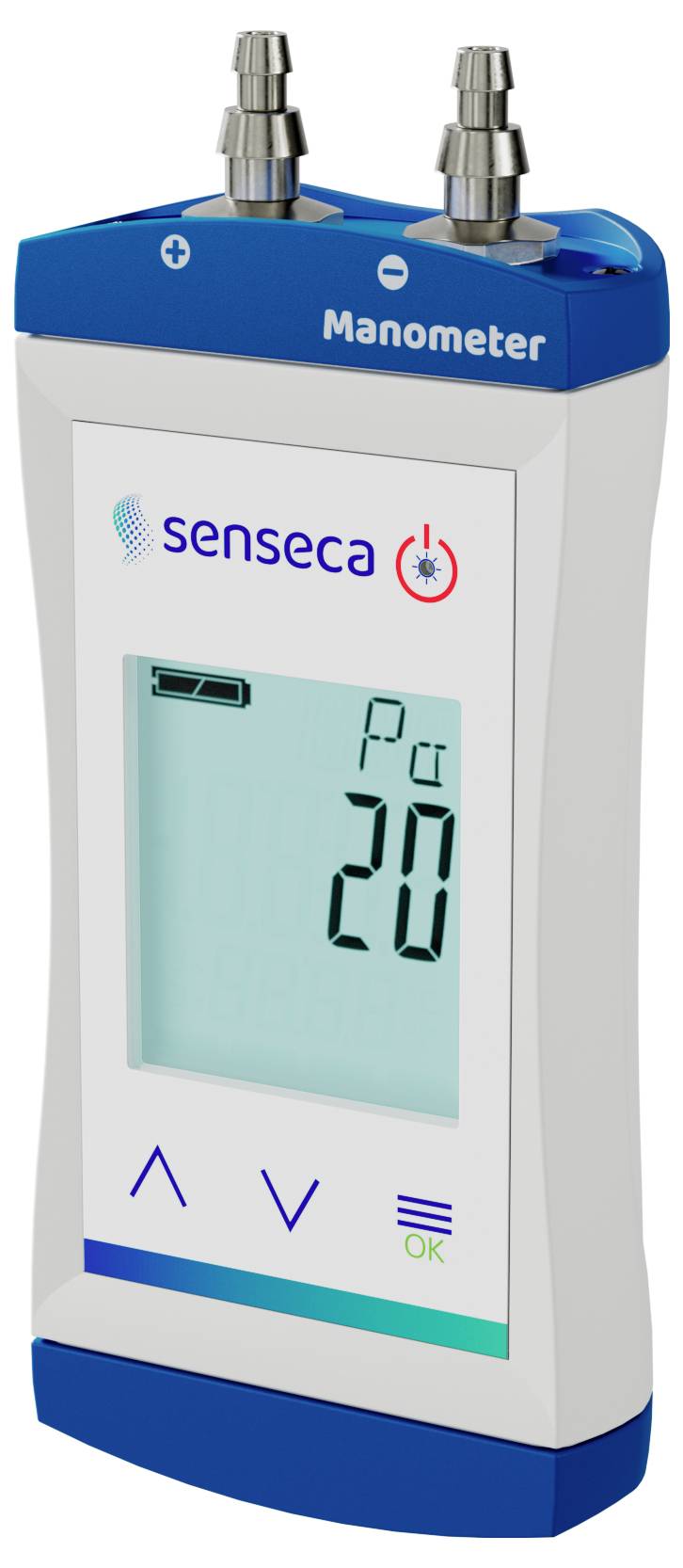 Digitales Manometer, das auf seinem Display einen Druckwert von 20 Pa anzeigt, mit zwei Metallanschlüssen an der Oberseite zur Verbindung.