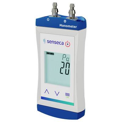 Digitales Manometer, das auf seinem Display einen Druckwert von 20 Pa anzeigt, mit zwei Metallanschlüssen an der Oberseite zur Verbindung.
