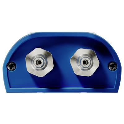 Ein blauer, rechteckiger Apparat mit zwei kreisförmigen Metallverbindern an der Vorderseite.