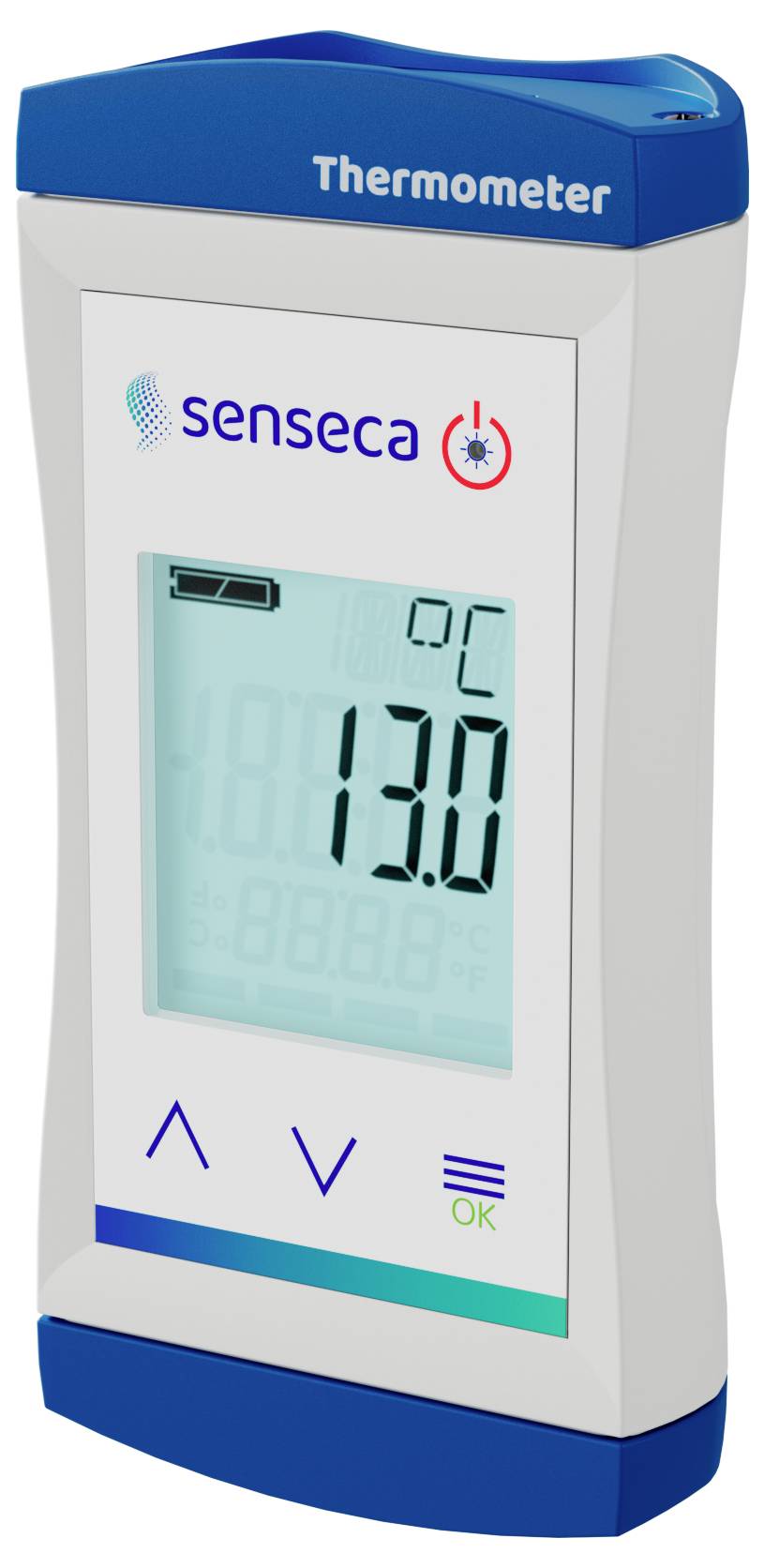 Ein digitales Thermometer, das eine Temperatur von 13,0°C anzeigt. Der Bildschirm zeigt verschiedene Symbole und die Bezeichnung 'senseca' ist oberhalb sichtbar.
