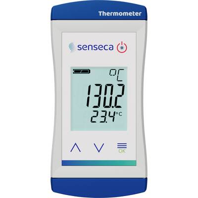 Digitales Thermometerdisplay mit der Anzeige '130,2°C' und '23,4°C', mit dem Markennamen 'senseca' und einem Warnsymbol, das Überhitzung anzeigt.