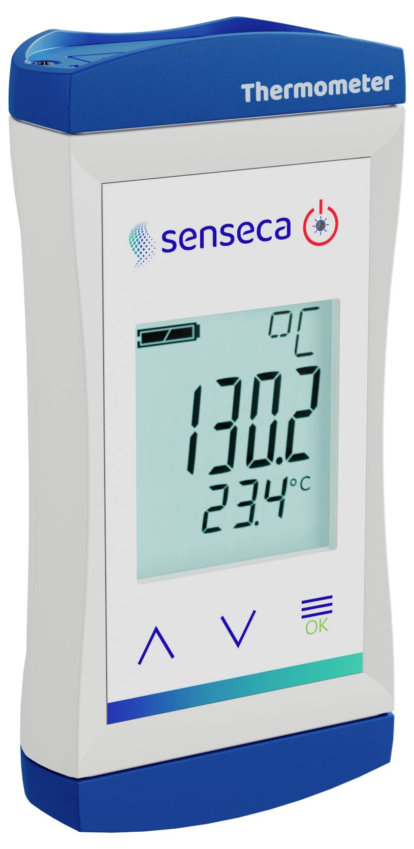 Ein digitales Thermometerdisplay zeigt '130.2' und '23.4°C'. Der Markenname 'Senseca' und ein Thermometericon sind auf dem Gerät sichtbar.