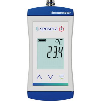 Digitales Thermometerdisplay zeigt '23,4 °C' mit Batterieanzeige und Einschalttasten darunter.