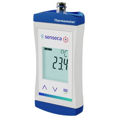 Tragbares digitales Thermometer mit der Anzeige '23,4°C' und Markenlogo auf dem Display.