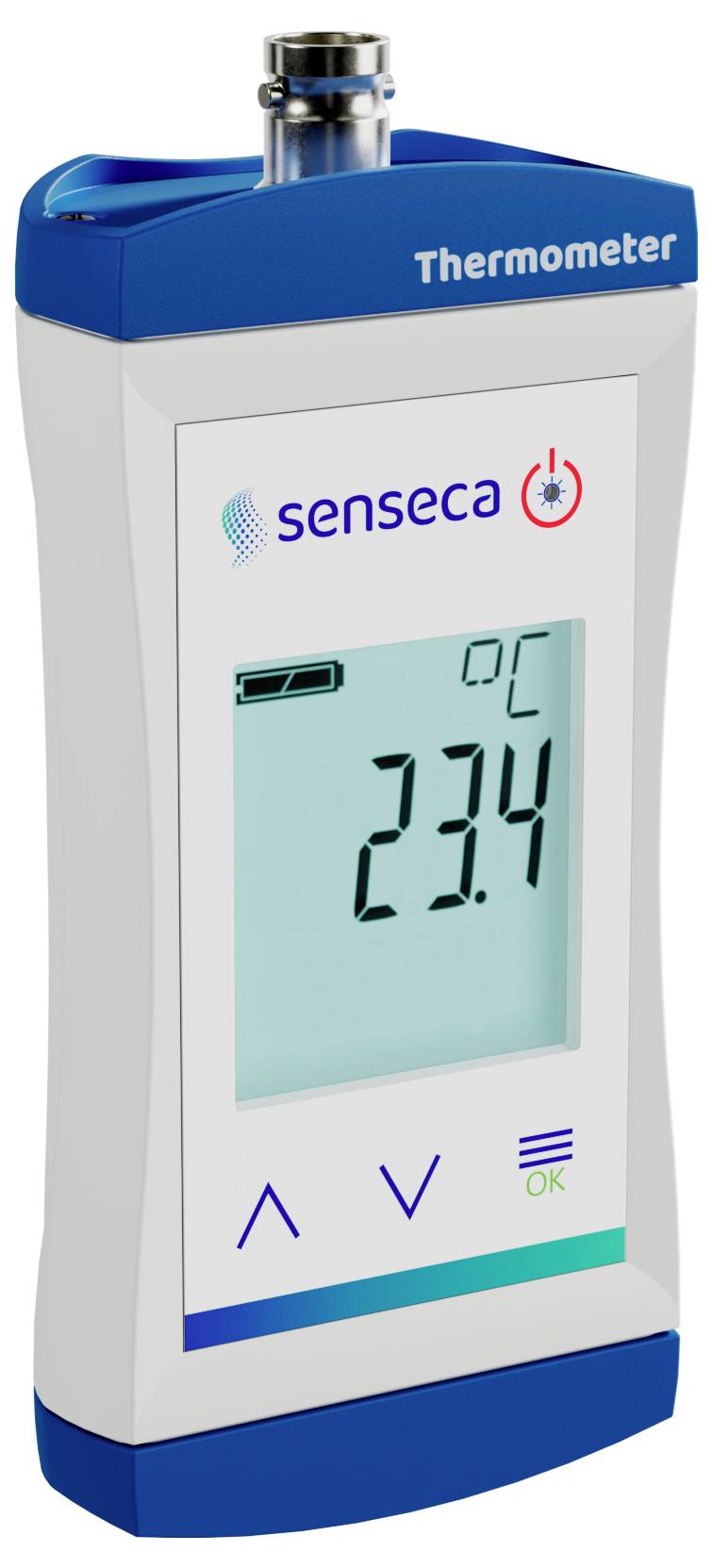 Digitales Thermometer mit 'senseca' Branding, das eine Temperatur von 23,4°C auf einem klaren Display anzeigt. Blaues und weißes Design.