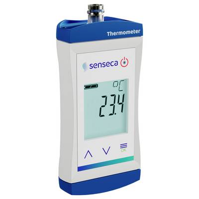 Digitales Thermometer mit 'senseca' Branding, das eine Temperatur von 23,4°C auf einem klaren Display anzeigt. Blaues und weißes Design.