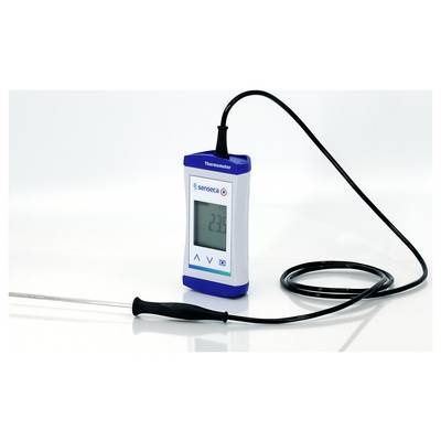 Ein digitales Thermometer mit einer Kabelanzeige zeigt eine Messung von '23,6' an. Das Gerät ist für präzise Temperaturmessungen konzipiert.