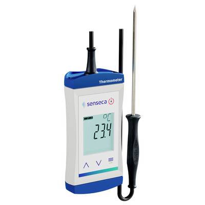 Handgehaltenes digitales Thermometer mit Messfühler, das eine Temperaturanzeige von 23,4°C zeigt.