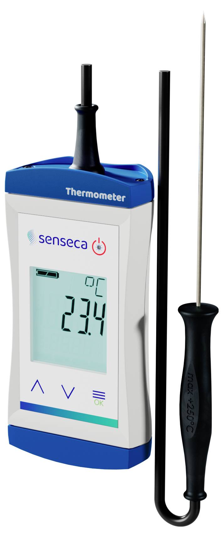 Digitales Thermometer mit Sonde, das eine Temperaturanzeige von 23,4°C zeigt und mit Tasten zur Navigation und Stromversorgung ausgestattet ist.