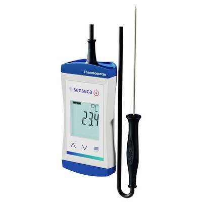 Digitales Thermometer mit Sonde, das eine Temperaturanzeige von 23,4°C zeigt und mit Tasten zur Navigation und Stromversorgung ausgestattet ist.