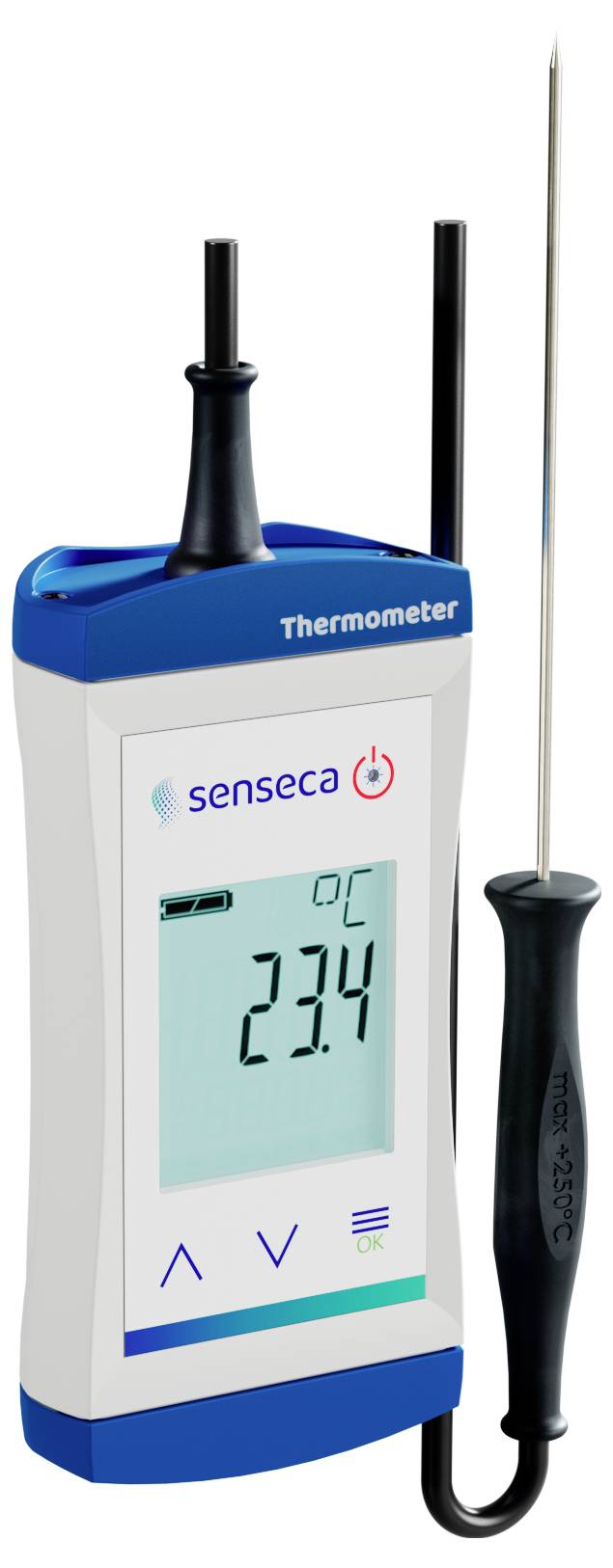 Digitales Thermometer mit der Anzeige '23,4 °C', in blau-weißem Gehäuse, mit angeschlossenem Messfühler.
