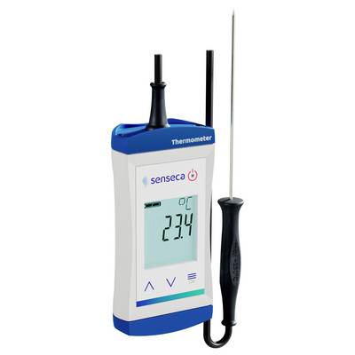 Digitales Thermometer mit der Anzeige '23,4 °C', in blau-weißem Gehäuse, mit angeschlossenem Messfühler.